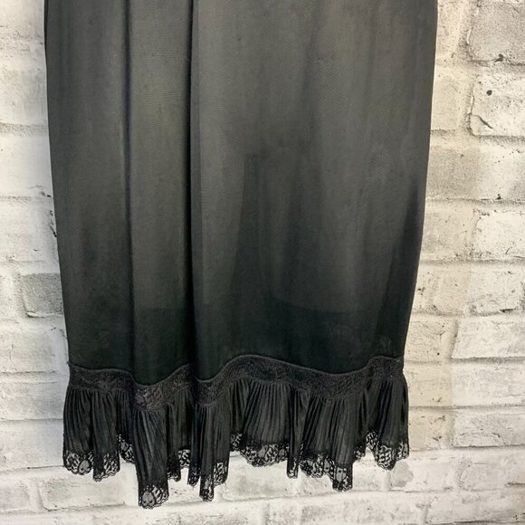 Vintage Babydoll Slip Dress Black Satin Sheer Lace Trim Ruffle Nightgown - Picture 3 of 13